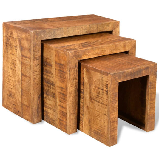 Side Table | Set of 3 | Brown | Solid mango wood | Small | Stackable