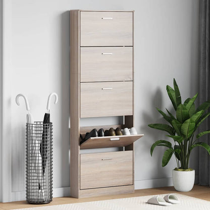 Oak Look Wooden Shoe Cabinet with 5 Compartments