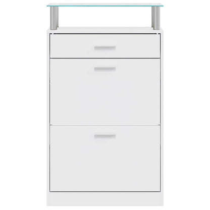 Shoe Cabinet with a Drawer and a Top Glass Shelf Wood White