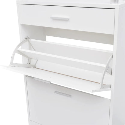 Shoe Cabinet with a Drawer and a Top Glass Shelf Wood White