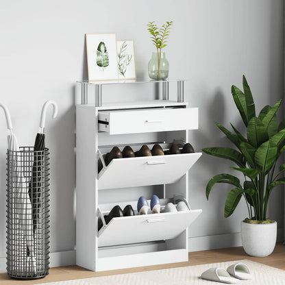 Shoe Cabinet with a Drawer and a Top Glass Shelf Wood White