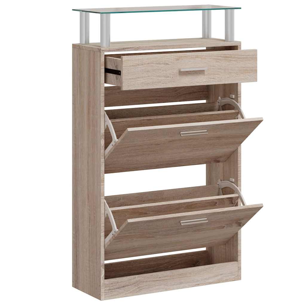 Shoe Cabinet with a Drawer and a Top Glass Shelf Wood Oak Look