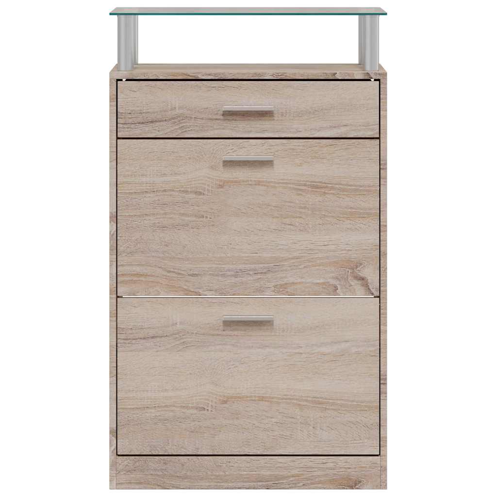 Shoe Cabinet with a Drawer and a Top Glass Shelf Wood Oak Look