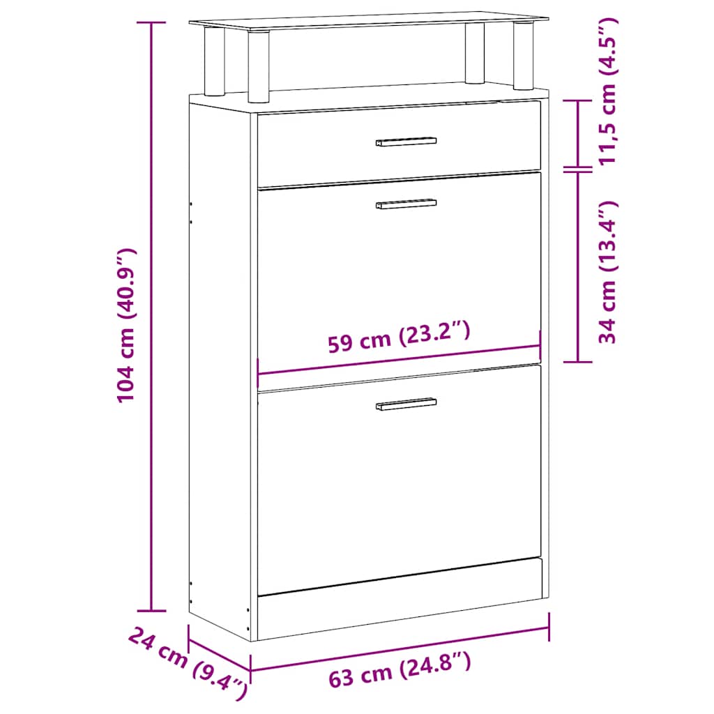Shoe Cabinet with a Drawer and a Top Glass Shelf Wood Oak Look