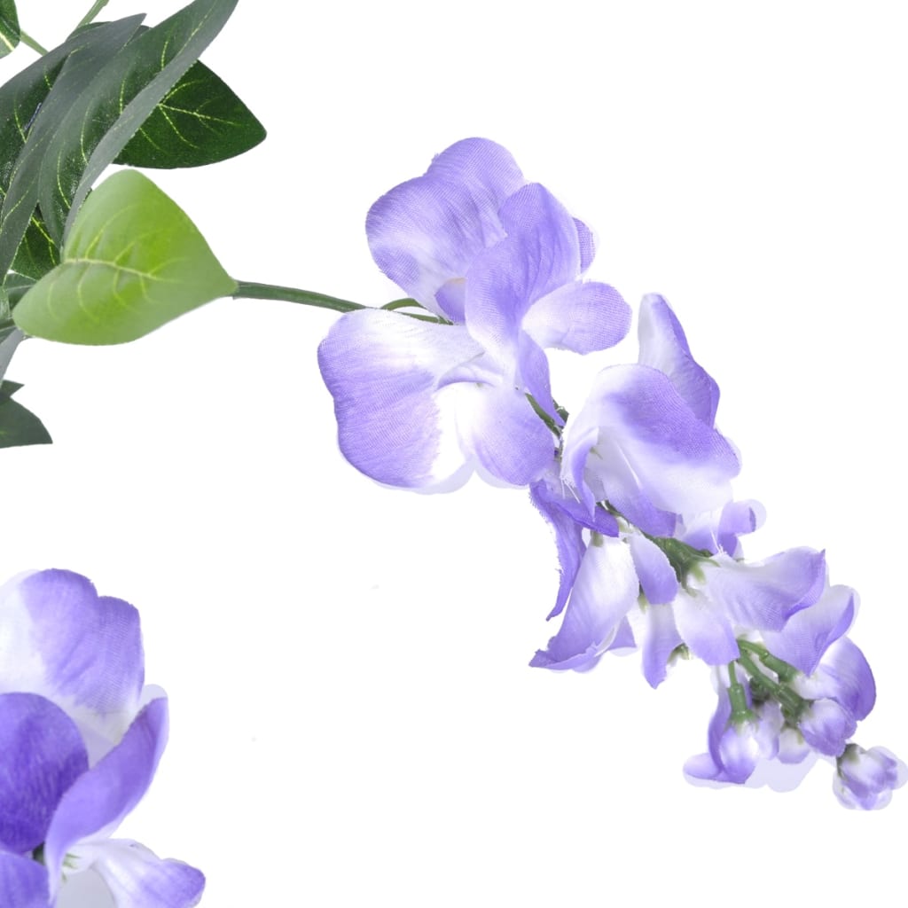 Close-up of Artificial Wisteria with Pot 120 cm, highlighting the intricate details of polyester flowers and lush leaves for a lifelike appearance.