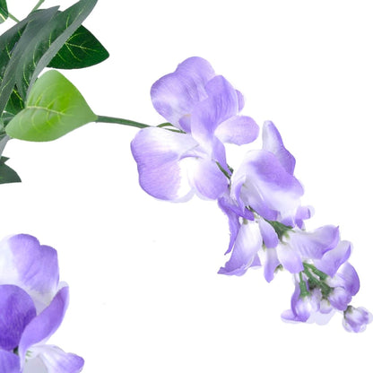 Close-up of Artificial Wisteria with Pot 120 cm, highlighting the intricate details of polyester flowers and lush leaves for a lifelike appearance.
