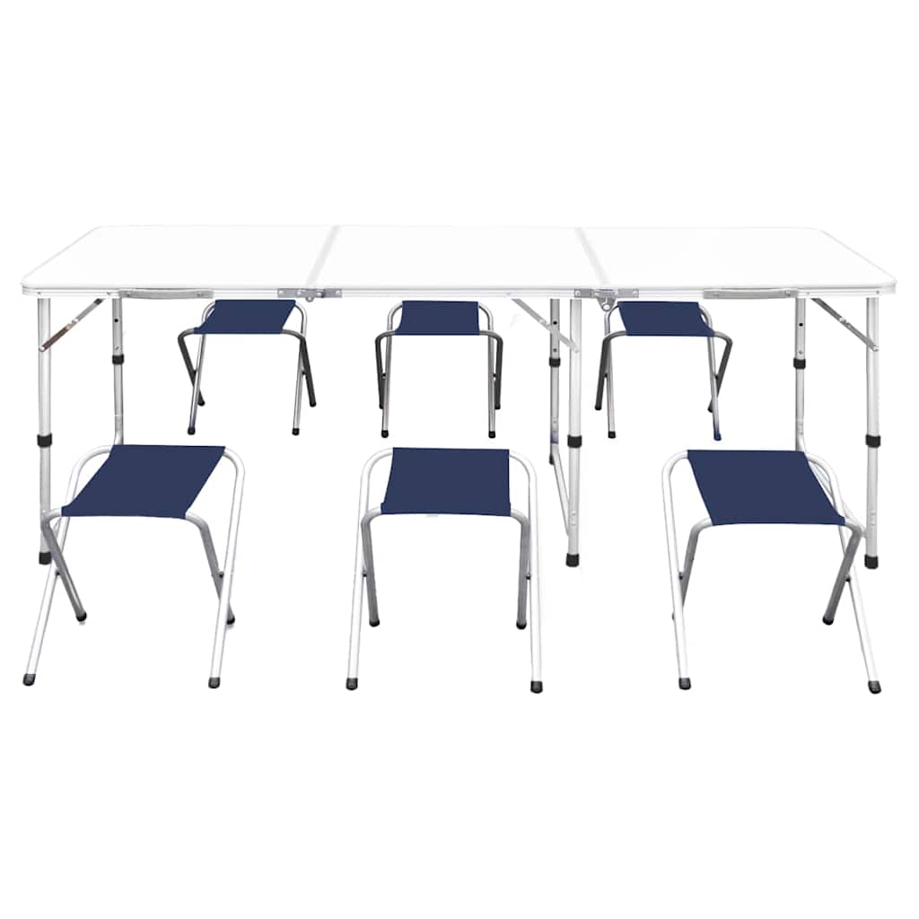 Foldable Camping Table Set with 6 Stools Height Adjustable 180x60cm