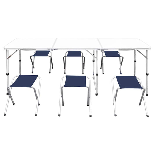 Foldable Camping Table Set with 6 Stools Height Adjustable 180x60cm