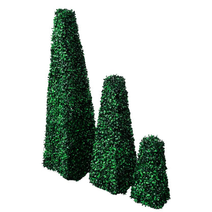 Set of 3 Artificial Boxwood Pyramid Topiary in large size for indoor and outdoor use, featuring lush mixed green foliage and stable plastic base.