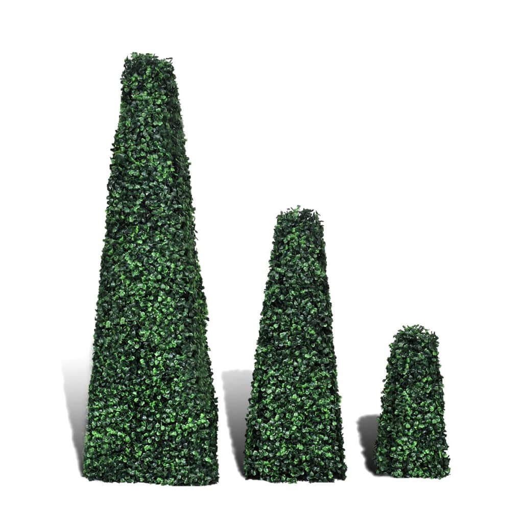 Medium-sized Set of 3 Artificial Boxwood Pyramid Topiary showcasing realistic green foliage, perfect for decorating home interiors and garden landscapes.
