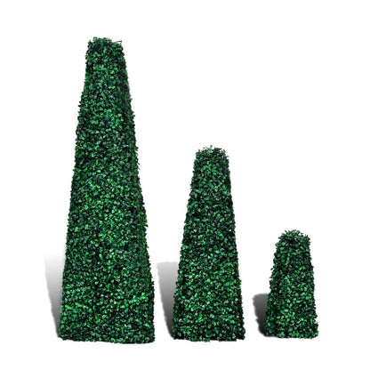 Medium-sized Set of 3 Artificial Boxwood Pyramid Topiary showcasing realistic green foliage, perfect for decorating home interiors and garden landscapes.