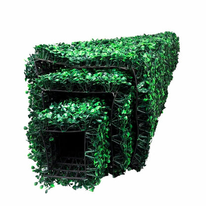 Small Set of 3 Artificial Boxwood Pyramid Topiary with vibrant green leaves, designed for versatile placement indoors or outdoors.