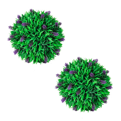 Set of 2 Artificial Boxwood Ball with Lavender 30 cm displayed indoors, showcasing vibrant green foliage and purple lavender flowers.