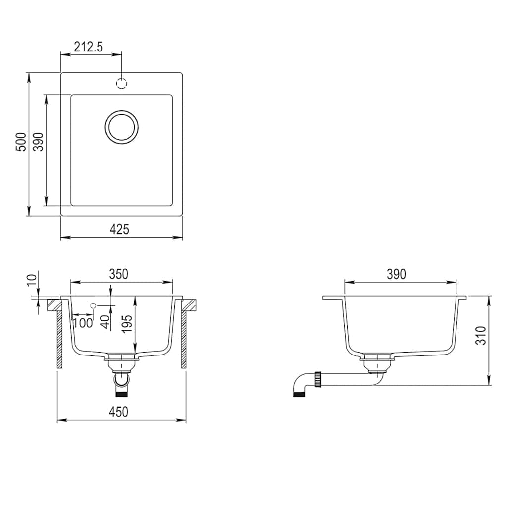 Overmount Kitchen Sink Single Basin Granite Black