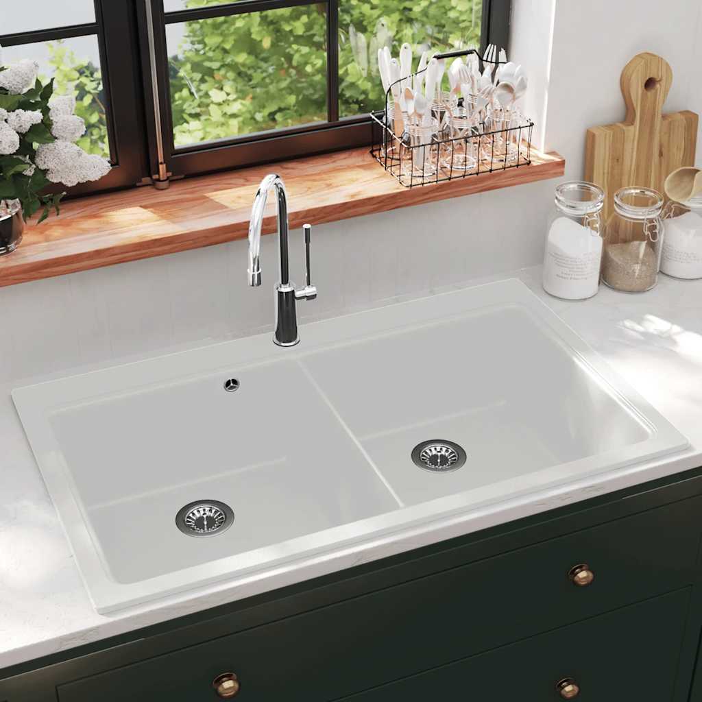 Overmount Kitchen Sink Double Basin Granite White