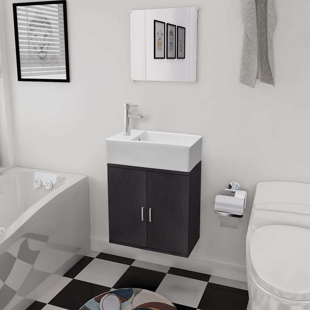 Bathroom Cabinet | Black and White | Engineered wood, Ceramic | Compact