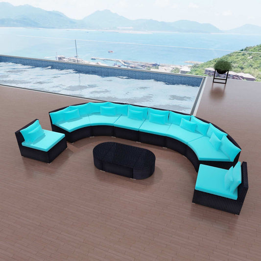 Round Sofa Set 11 pcs Blue Poly Rattan