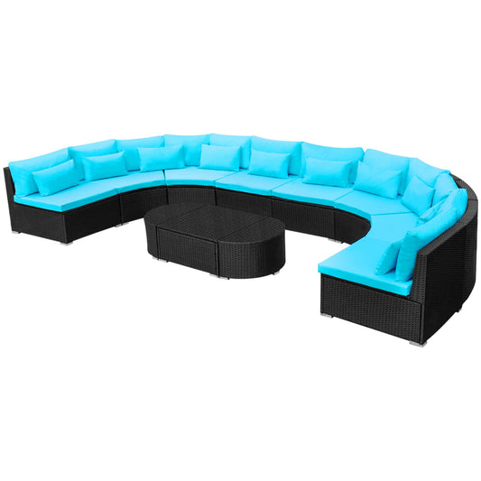 Round Sofa Set 11 pcs Blue Poly Rattan