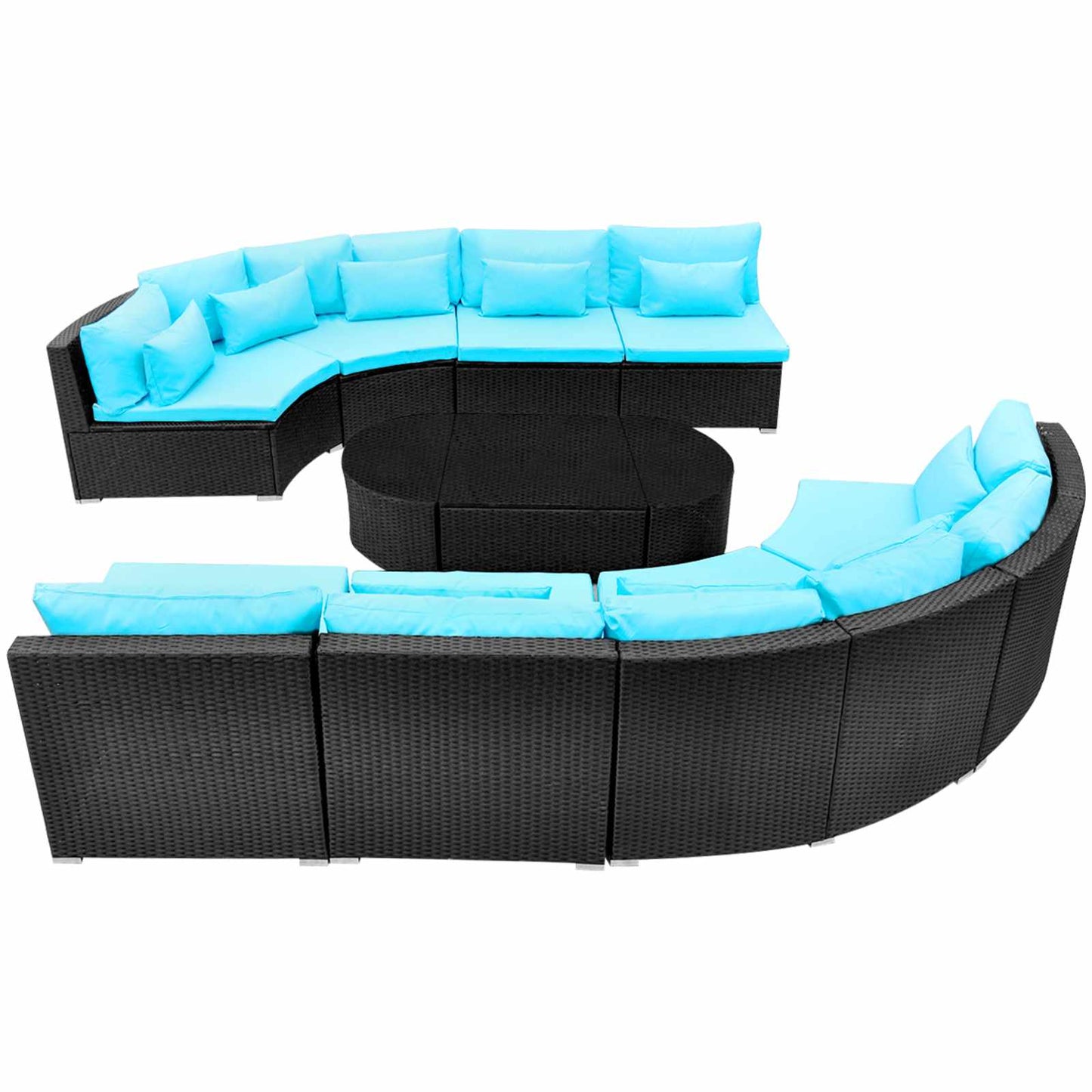 Round Sofa Set 11 pcs Blue Poly Rattan