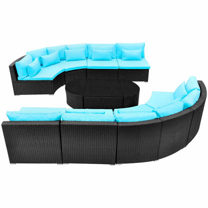 Round Sofa Set 11 pcs Blue Poly Rattan