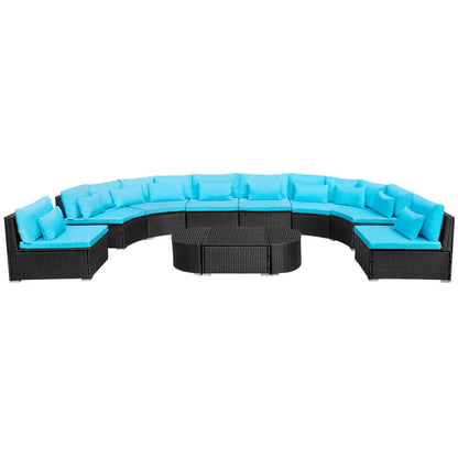 Round Sofa Set 11 pcs Blue Poly Rattan