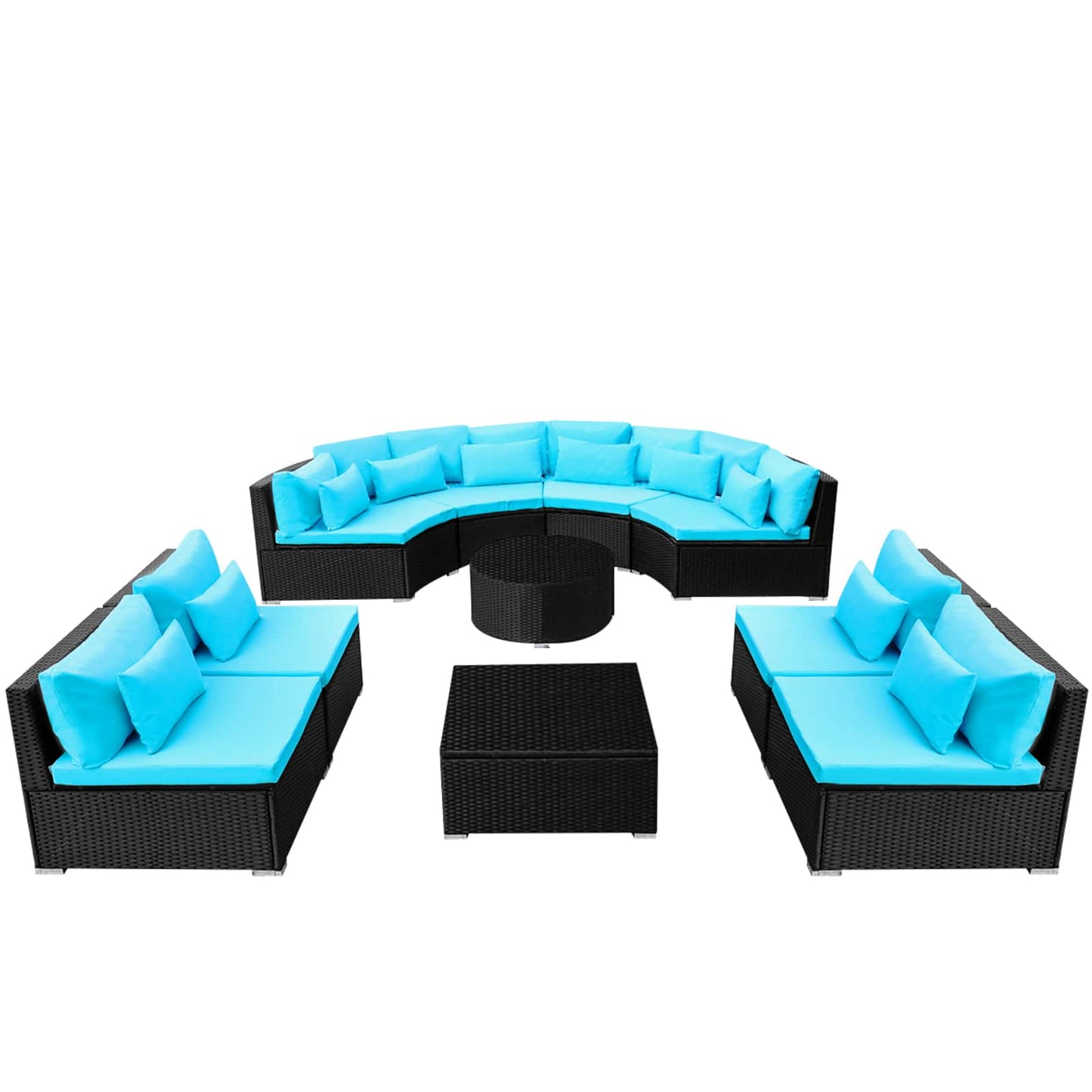 Round Sofa Set 11 pcs Blue Poly Rattan
