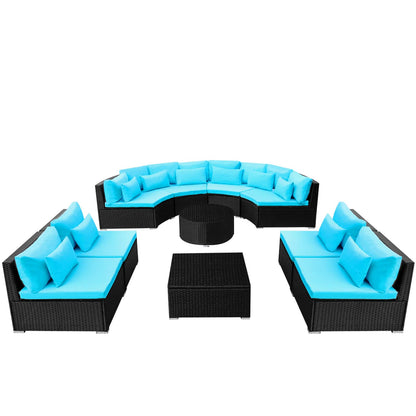 Round Sofa Set 11 pcs Blue Poly Rattan