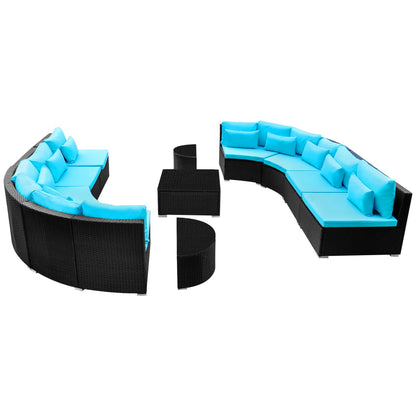 Round Sofa Set 11 pcs Blue Poly Rattan