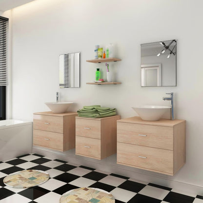 Nine Piece Bathroom Furniture Set with Basin with Tap Beige