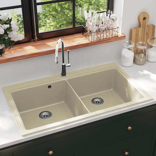 144851 vidaXL Granite Kitchen Sink Double Basins Beige