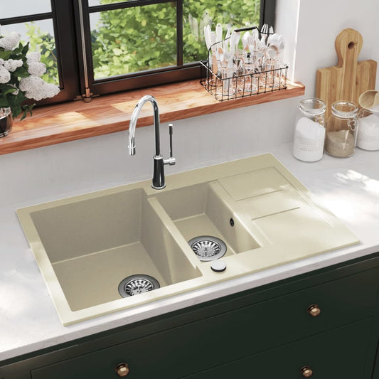 144858 vidaXL Granite Kitchen Sink Double Basins Beige