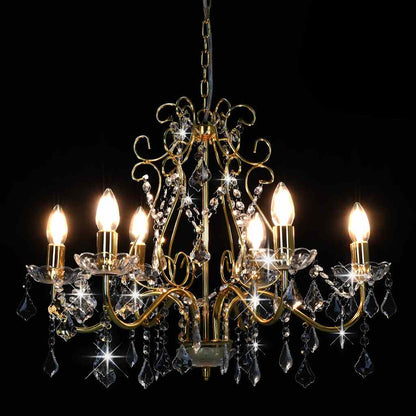 Chandelier with Crystal Beads Golden Round 6 x E14