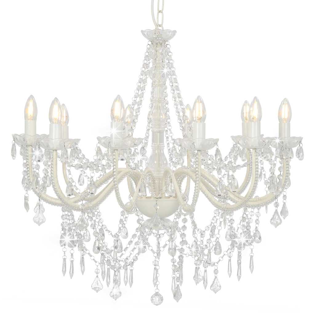 Chandelier with Beads White 12 x E14 Bulbs