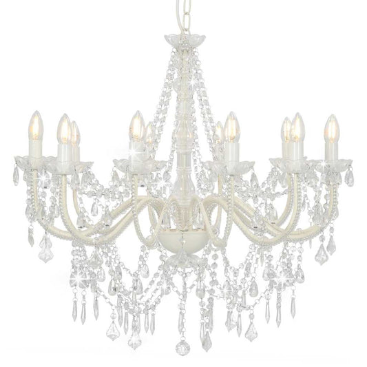 Chandelier with Beads White 12 x E14 Bulbs
