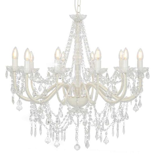 Chandelier with Beads White 12 x E14 Bulbs
