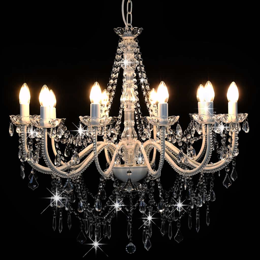 Chandelier with Beads White 12 x E14 Bulbs