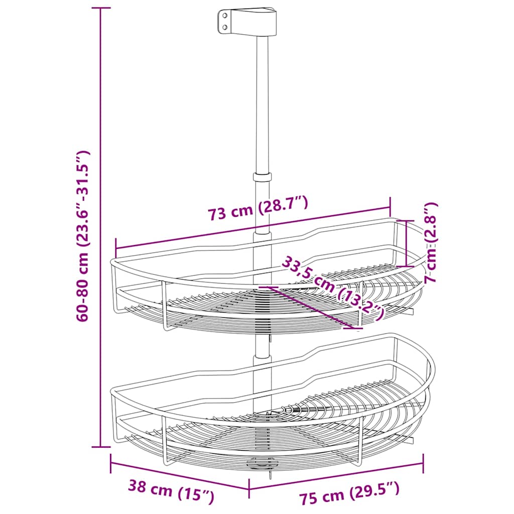 50972 vidaXL 2-Tier Kitchen Wire Basket Silver 180 Degree 75x38x80 cm