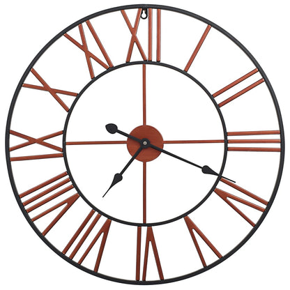 Close-up of the Wall Clock Metal 58 cm Red with clear Roman numerals, showcasing its elegant style.