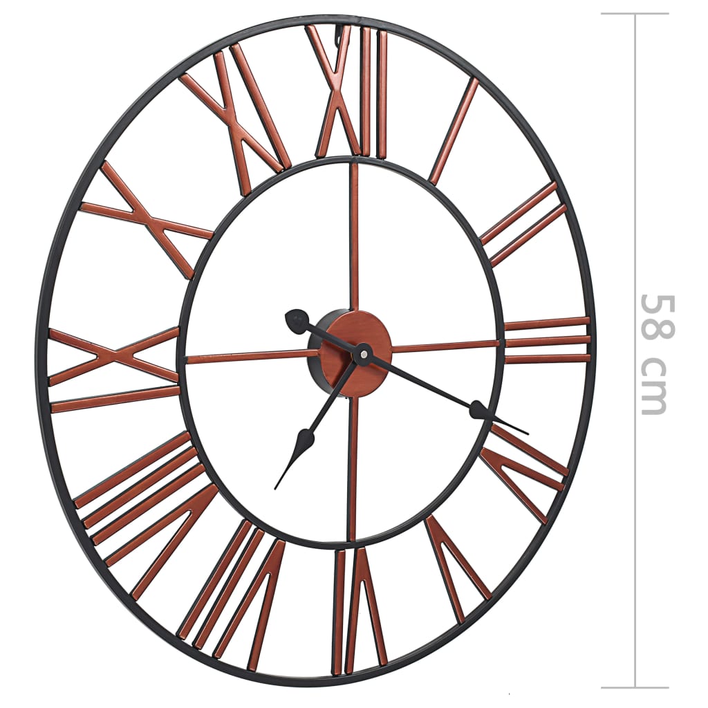 Close-up view of the red metal wall clock featuring clear Roman numerals, perfect for home decor by vidaXL.