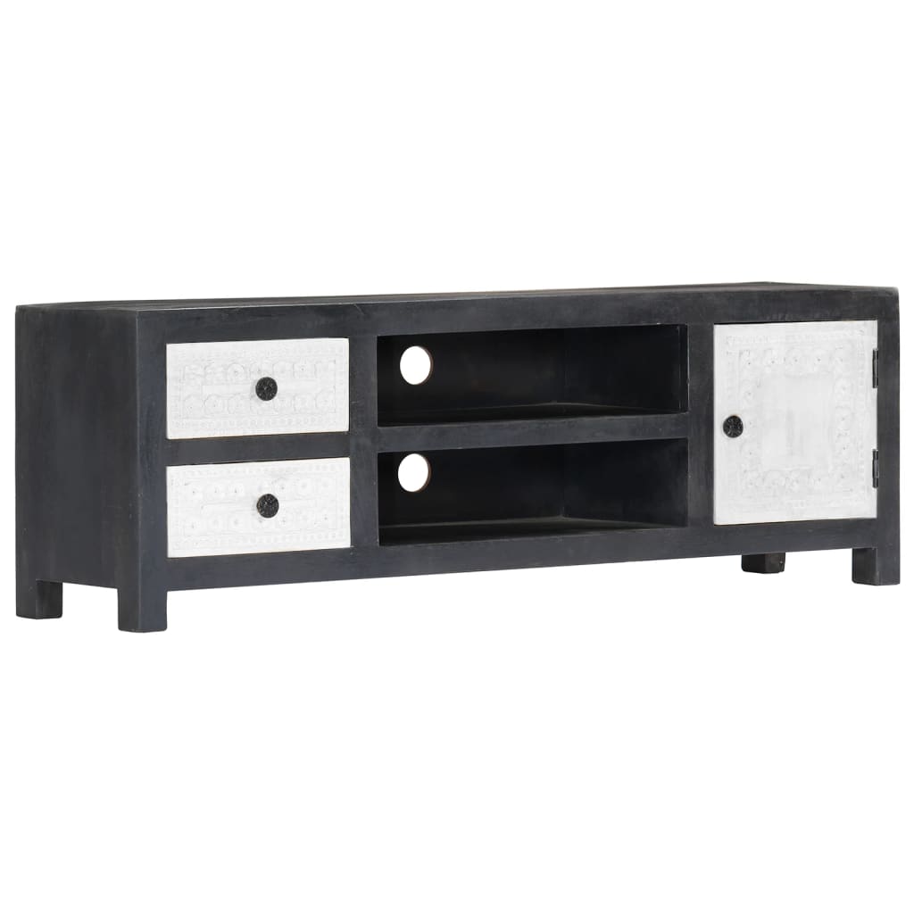 Hand Carved TV Cabinet Grey&White 120x30x40 cm Solid Wood Mango