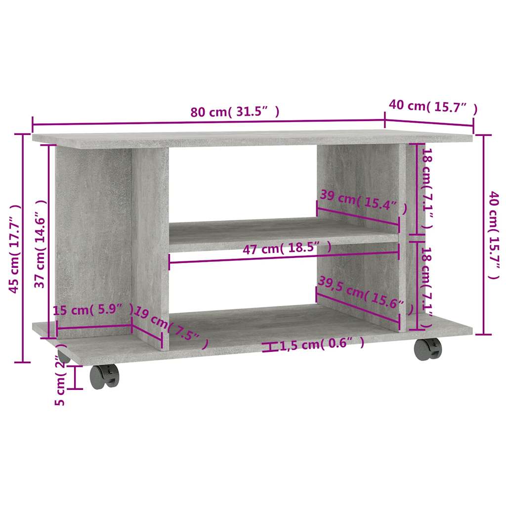 800193 vidaXL TV Cabinet with Castors Concrete Grey 80x40x45 cm Engineered Wood