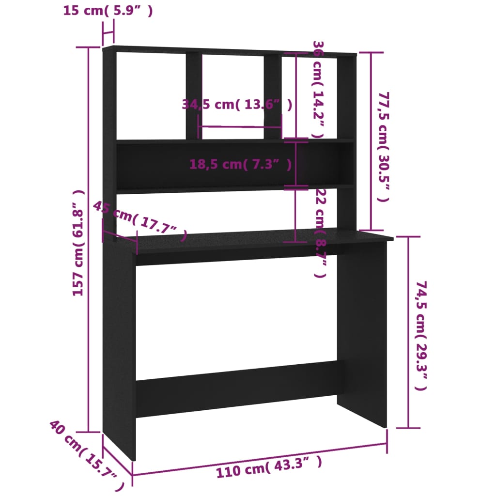 Desk with Shelf Black 110x45x157 cm Engineered Wood