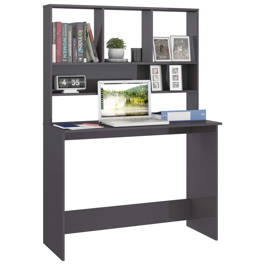 Desk with Shelf High Gloss Grey 110x45x157 cm Engineered Wood