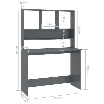 Desk with Shelf High Gloss Grey 110x45x157 cm Engineered Wood