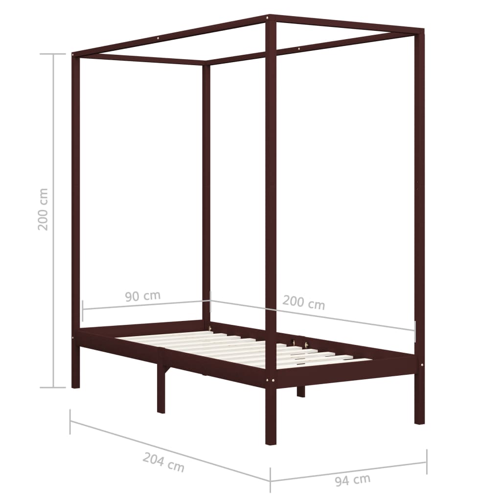 Canopy Bed Frame without Mattress Dark Brown Solid Wood 90x200cm