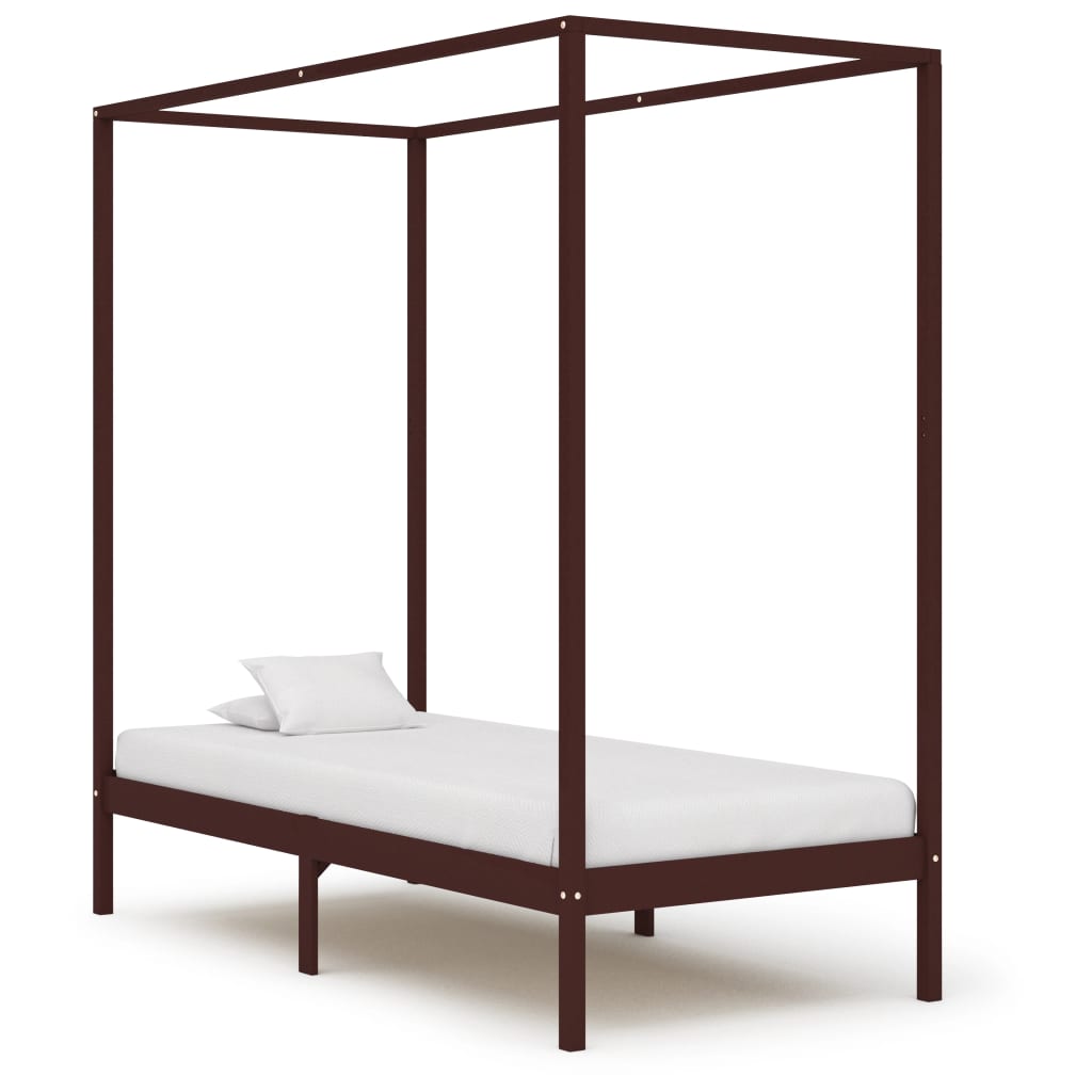 Bed Frame | Dark Brown | Solid Pine Wood | Single | Decorative Inlays