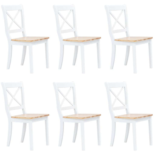 Dining Chair | Set of 6 | White and natural | Solid rubber wood