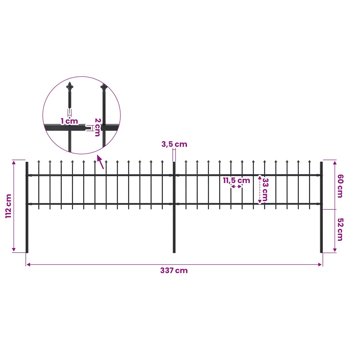 Garden Fence with Spear Top Steel 337x60 cm Black
