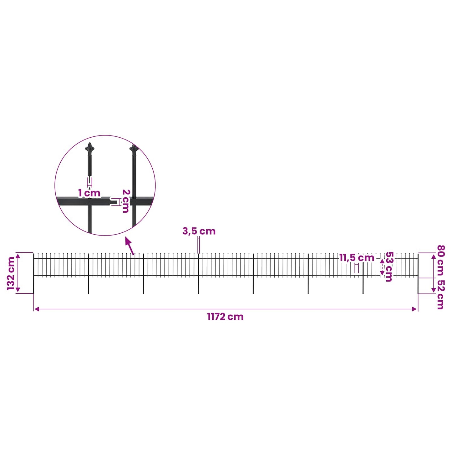 Garden Fence with Spear Top Steel 1172x80 cm Black