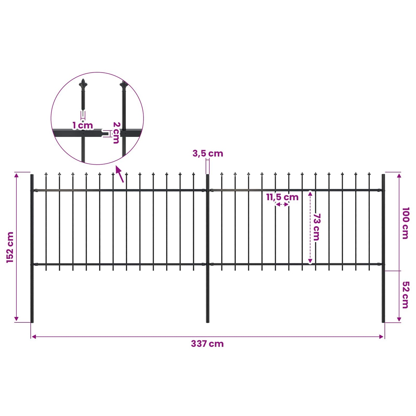 Garden Fence with Spear Top Steel 337x100 cm Black